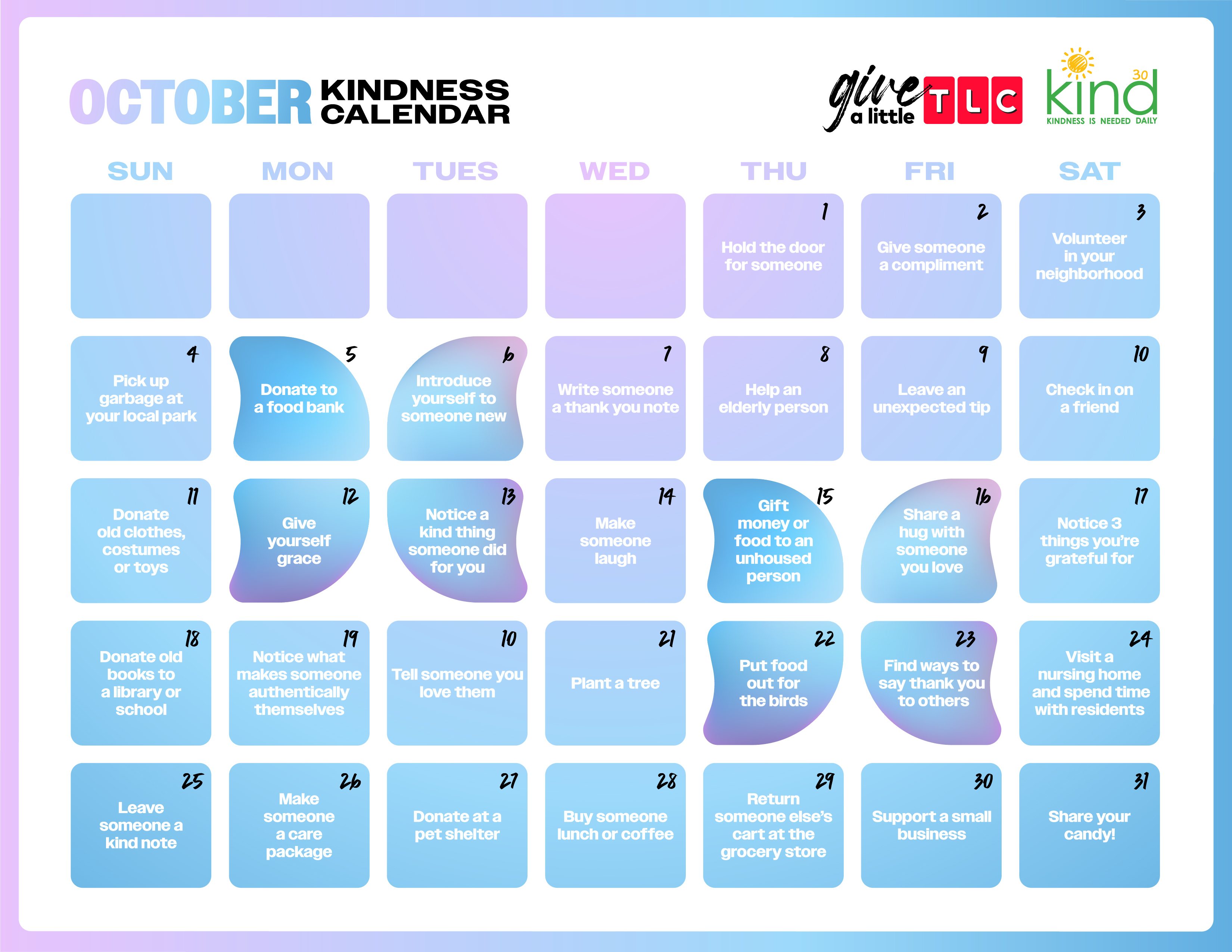 October Kindness Calendar